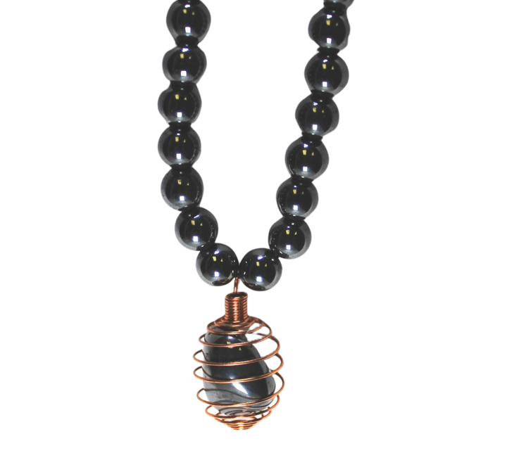 32" (81.28 cm.) Hematite Crystal Beaded Necklace with Copper Caged Hematite
