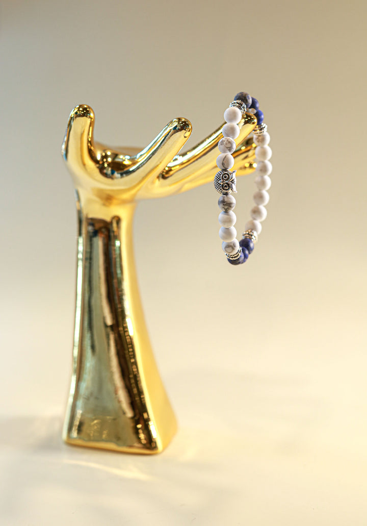 Lapis Lazuli & Howlite Crystal Bracelet • Silver Owl Charm