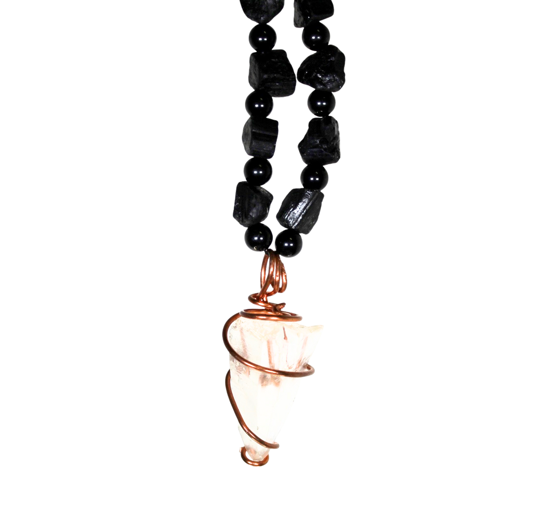 35" (88.9 cm.) Obsidian & Tourmaline Beaded Crystal Necklace with Copper Caged Clear Quartz
