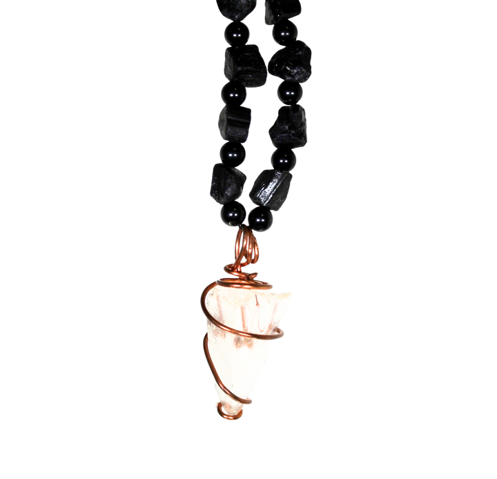 35" (88.9 cm.) Obsidian & Tourmaline Beaded Crystal Necklace with Copper Caged Clear Quartz