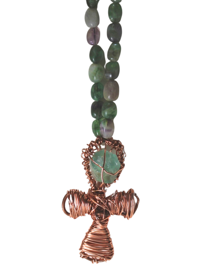 30" (76 cm.) Fluorite Crystal Necklace with Copper Ankh