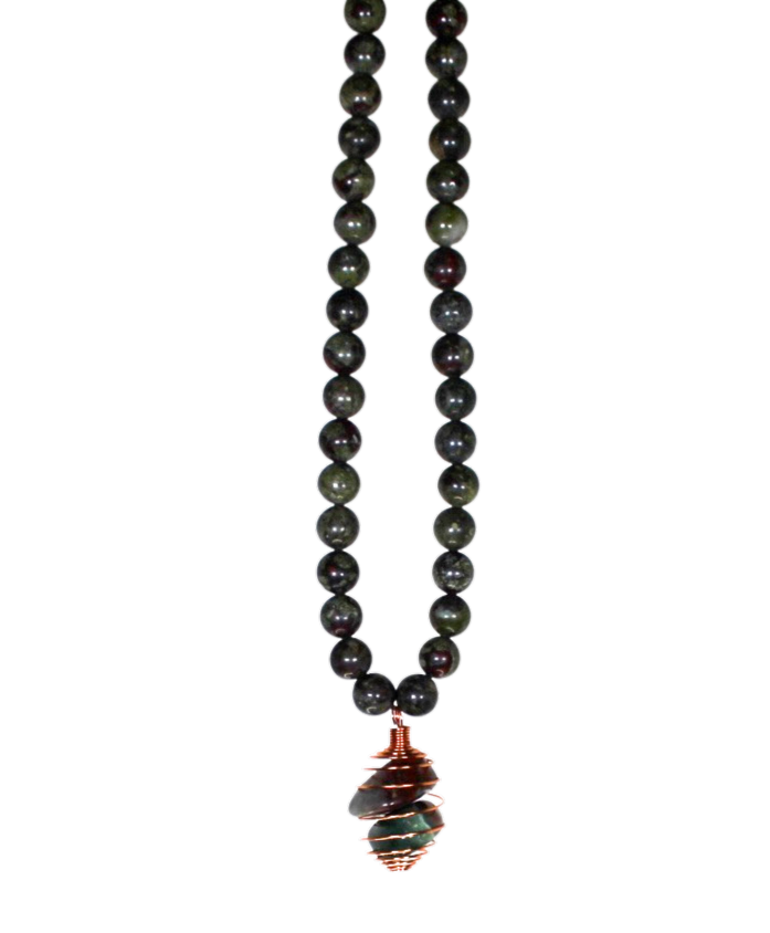 34" (86.36 cm.) Dragon's Blood Beaded Necklace with Copper Caged Dragon's Blood Pendant