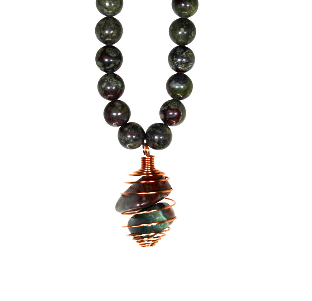 34" (86.36 cm.) Dragon's Blood Beaded Necklace with Copper Caged Dragon's Blood Pendant