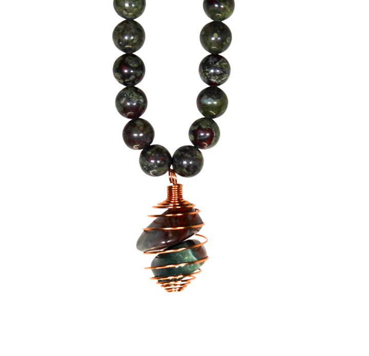 34" (86.36 cm.) Dragon's Blood Beaded Necklace with Copper Caged Dragon's Blood Pendant