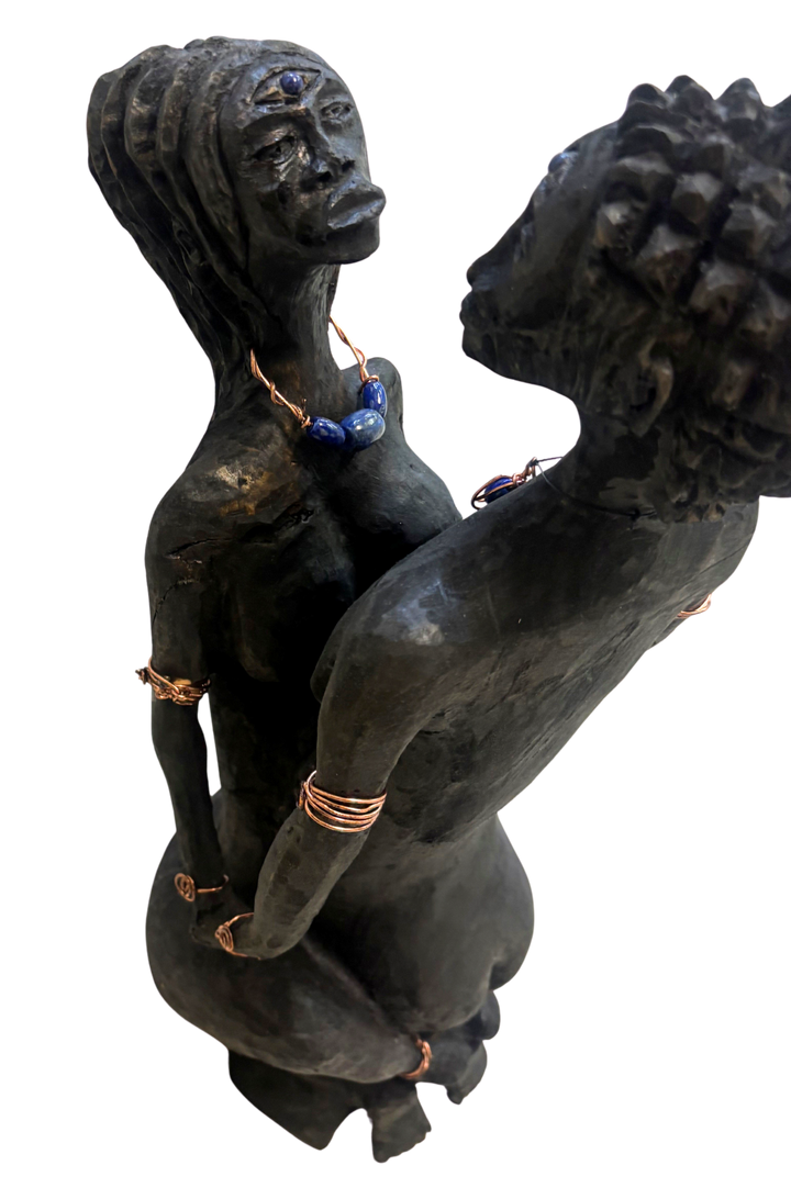 "Eclipse" – Reclaimed Wood Sculpture of Divine Union with Lapis Lazuli & Copper