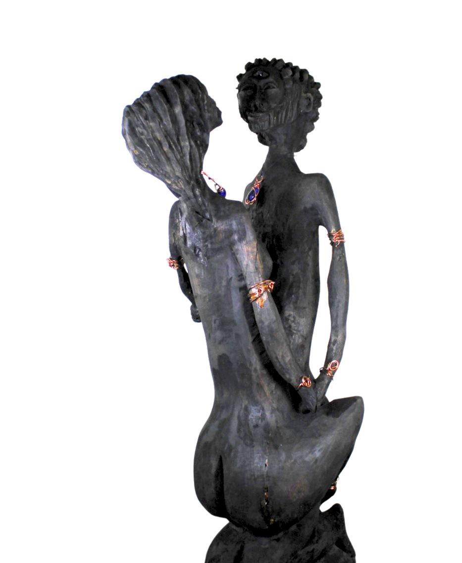 "Eclipse" – Reclaimed Wood Sculpture of Divine Union with Lapis Lazuli & Copper