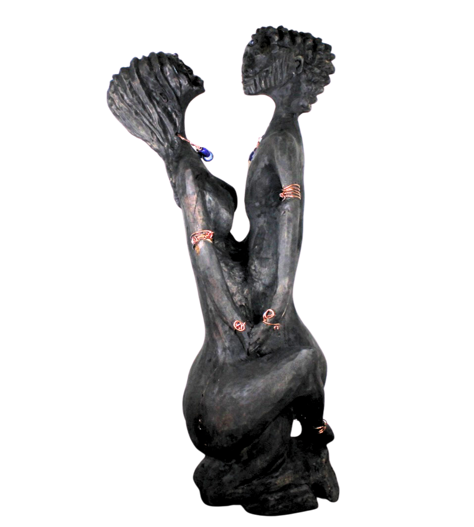 "Eclipse" – Reclaimed Wood Sculpture of Divine Union with Lapis Lazuli & Copper