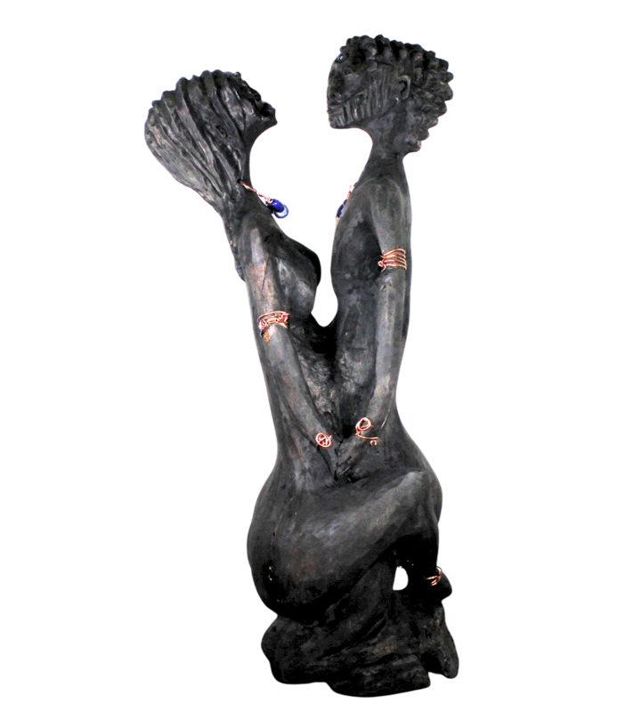 "Eclipse" – Reclaimed Wood Sculpture of Divine Union with Lapis Lazuli & Copper