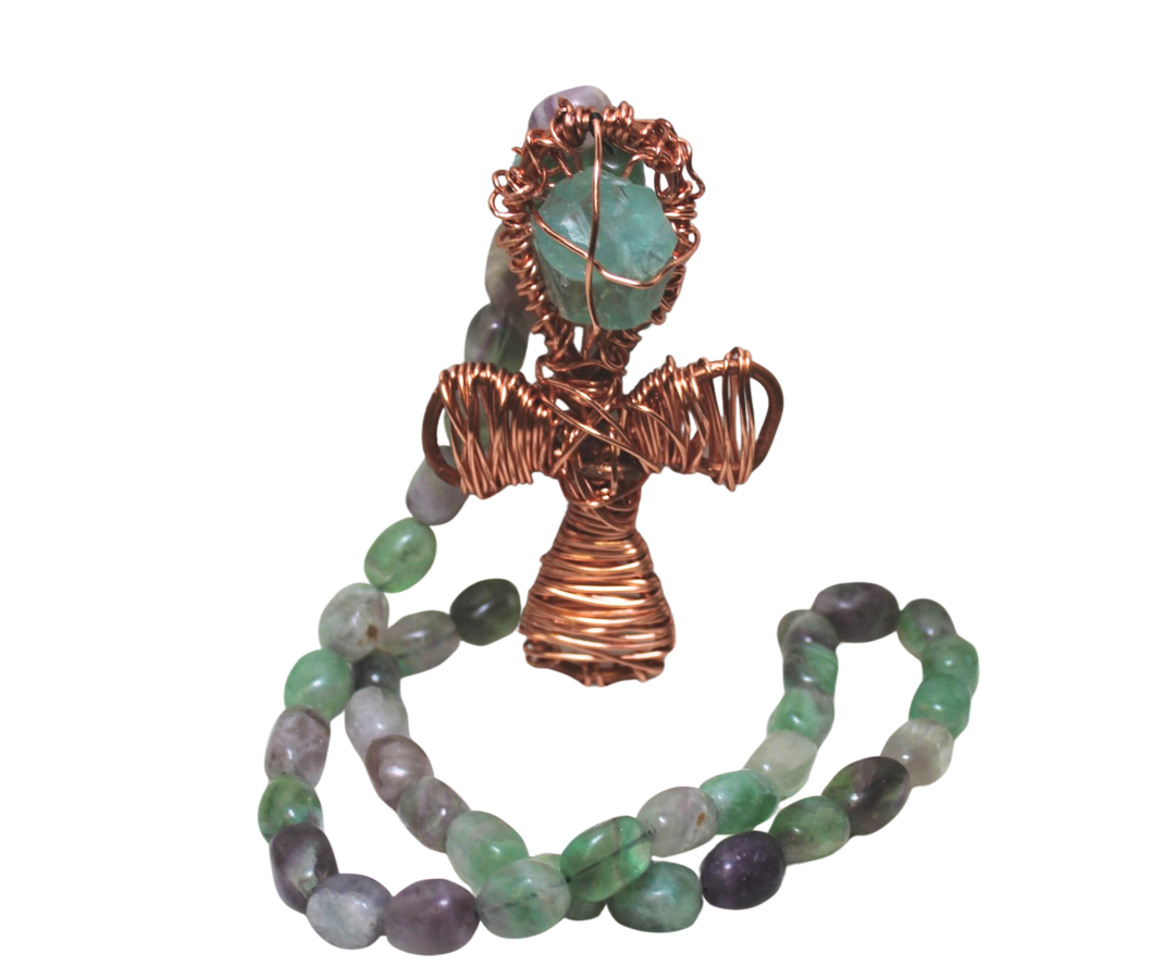 30" (76 cm.) Fluorite Crystal Necklace with Copper Ankh