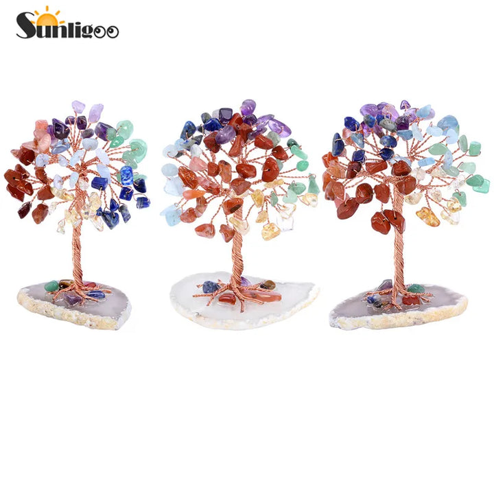 Sunligoo Super Mini Crystal Money Tree Copper Wire Wrapped W/ Agate Slice Base Gemstone Reiki Chakra Feng Shui Trees Home Decor