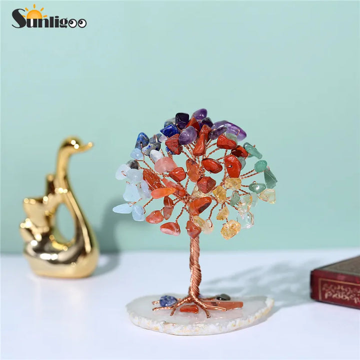 Sunligoo Super Mini Crystal Money Tree Copper Wire Wrapped W/ Agate Slice Base Gemstone Reiki Chakra Feng Shui Trees Home Decor