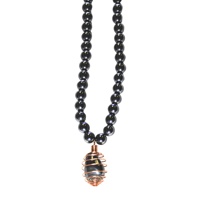 32" (81.28 cm.) Hematite Crystal Beaded Necklace with Copper Caged Hematite