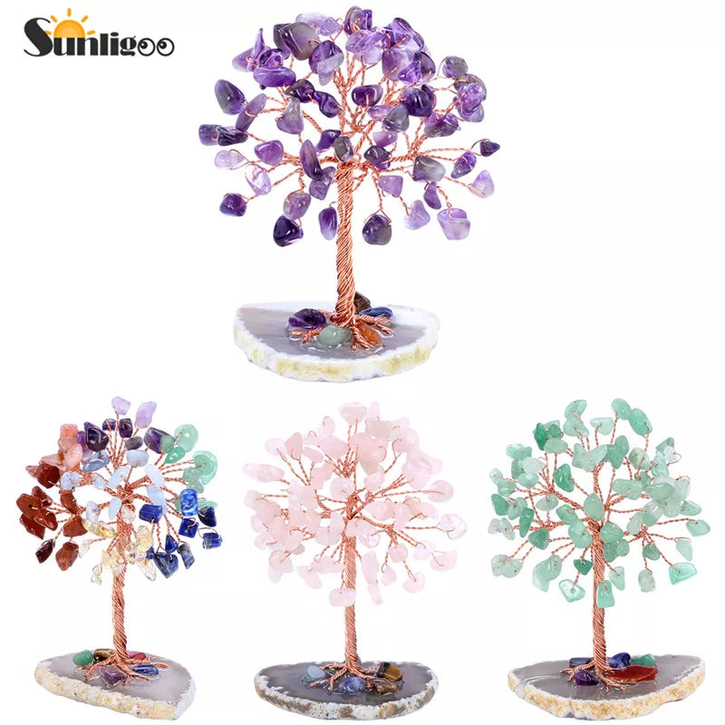 Sunligoo Super Mini Crystal Money Tree Copper Wire Wrapped W/ Agate Slice Base Gemstone Reiki Chakra Feng Shui Trees Home Decor