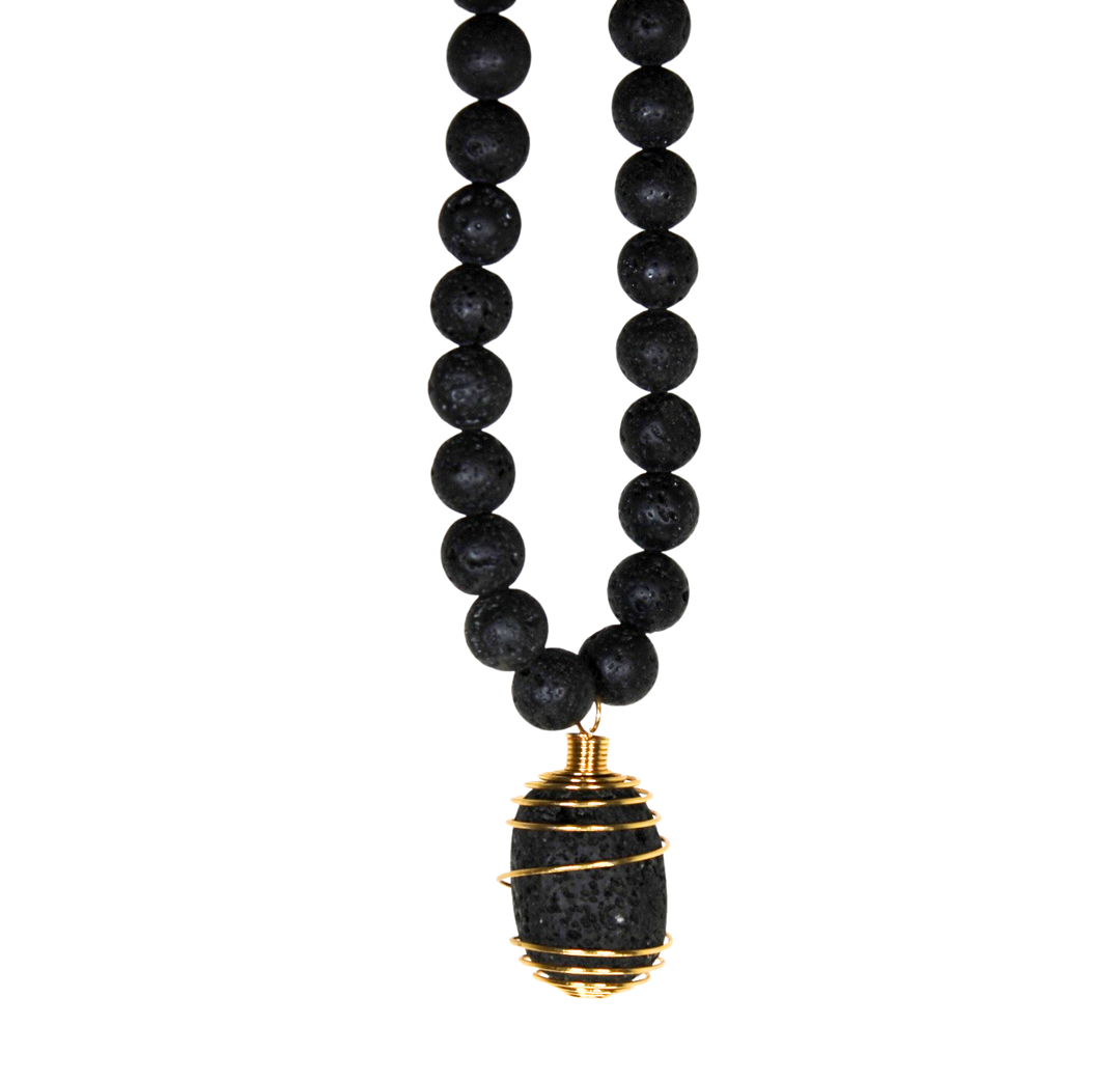 34" (86.36 cm.) Black Lava Stone Beaded Necklace with Gold Copper Caged Black Lava Stone Pendant