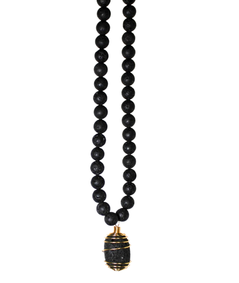 34" (86.36 cm.) Black Lava Stone Beaded Necklace with Gold Copper Caged Black Lava Stone Pendant
