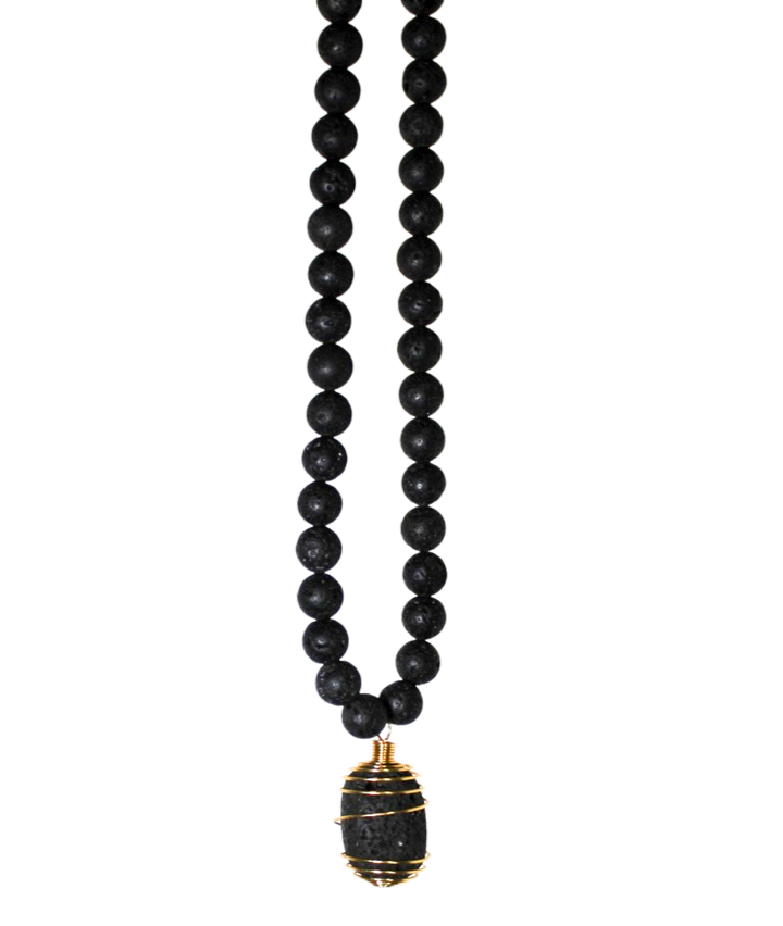 34" (86.36 cm.) Black Lava Stone Beaded Necklace with Gold Copper Caged Black Lava Stone Pendant