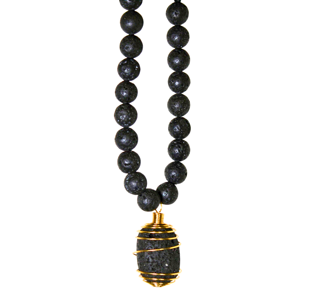 34" (86.36 cm.) Black Lava Stone Beaded Necklace with Gold Copper Caged Black Lava Stone Pendant
