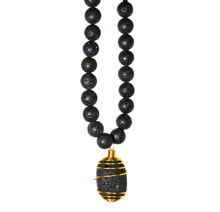 34" (86.36 cm.) Black Lava Stone Beaded Necklace with Gold Copper Caged Black Lava Stone Pendant