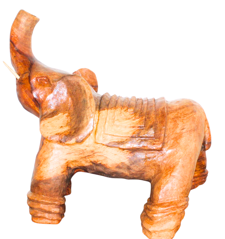"The Lucky Elephant" Hand-Carved  Sculpture with Raised Trunk – Reclaimed Wood Décor