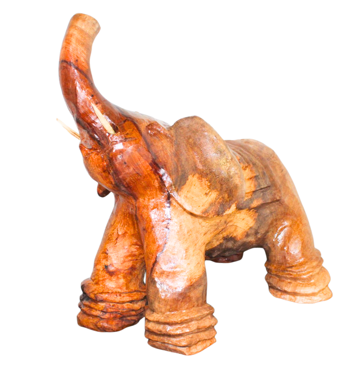 "The Lucky Elephant" Hand-Carved  Sculpture with Raised Trunk – Reclaimed Wood Décor