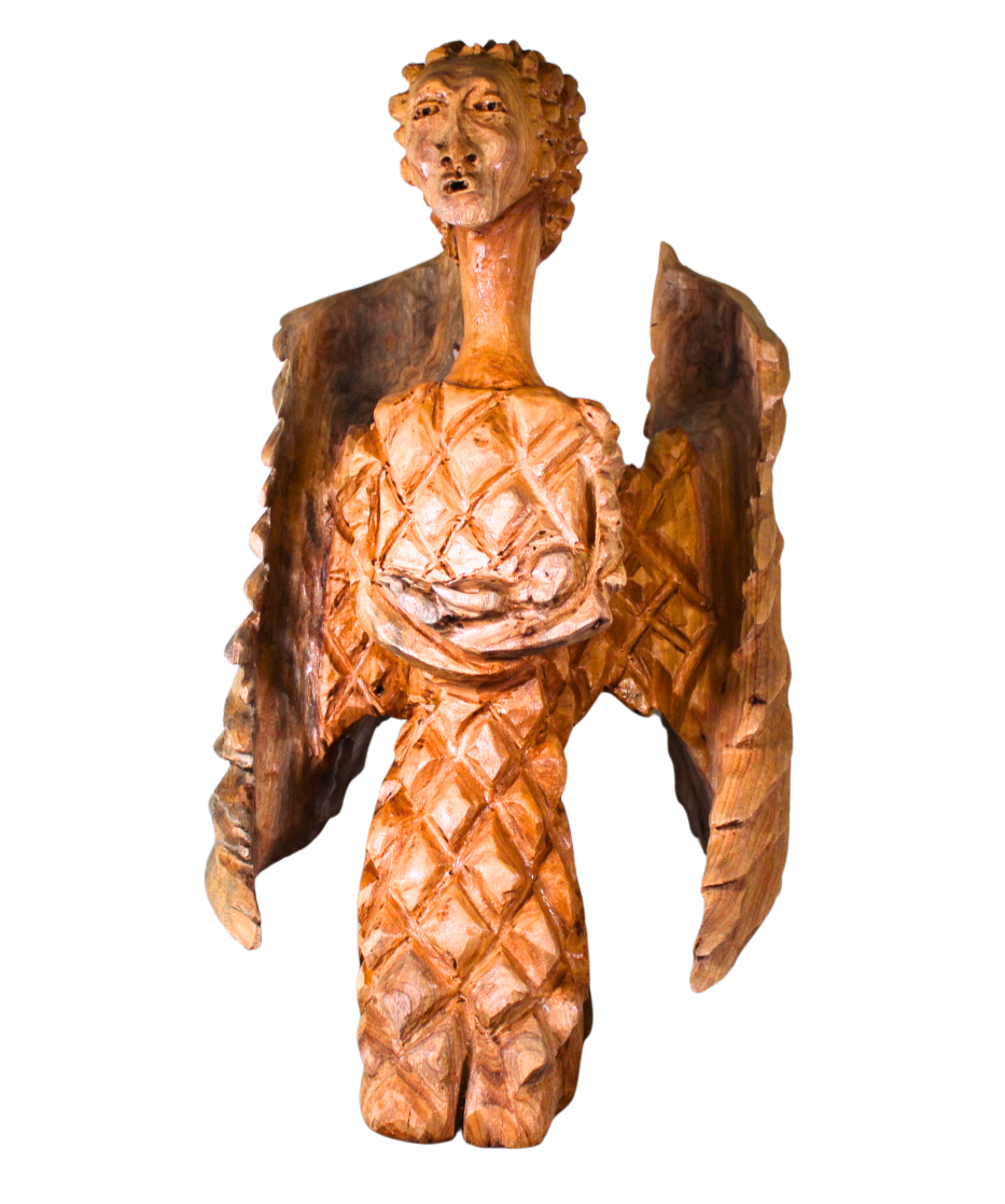 "Protective Angel with Cradled Baby" – Reclaimed Wood Sculpture