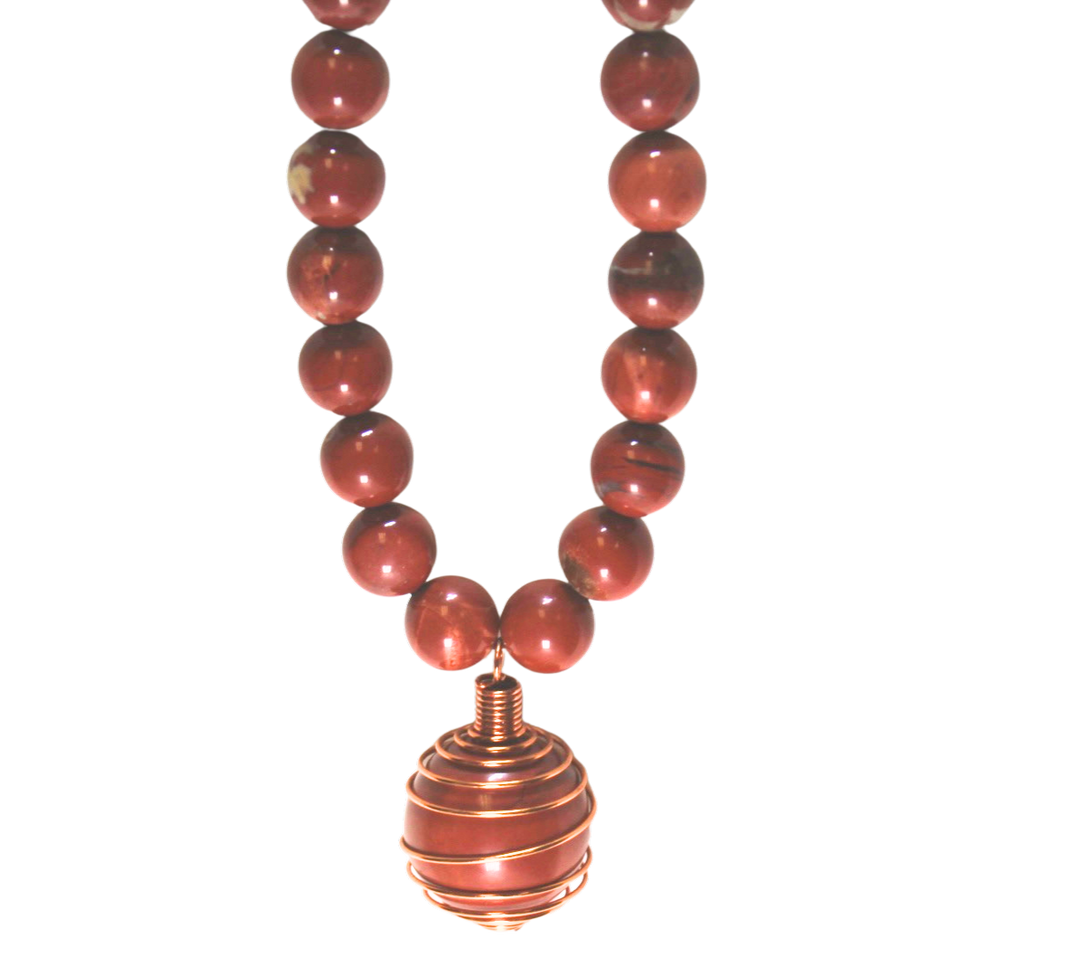 30" (76.2 cm.) Red Jasper Crystal Beaded Necklace with Copper Links and Copper Caged Red Jasper