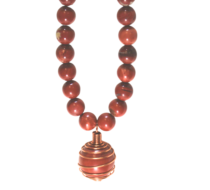 30" (76.2 cm.) Red Jasper Crystal Beaded Necklace with Copper Links and Copper Caged Red Jasper