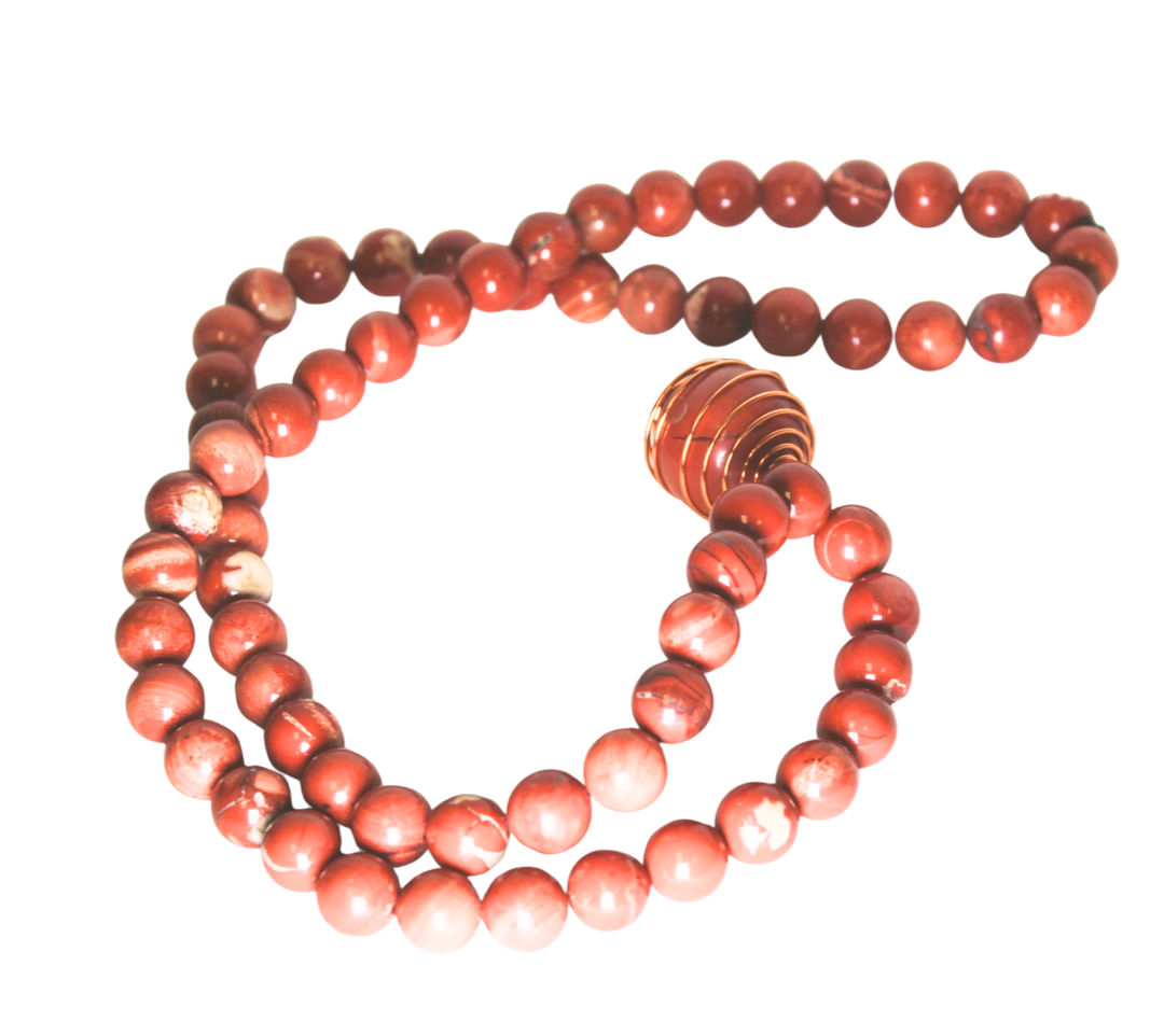 30" (76.2 cm.) Red Jasper Crystal Beaded Necklace with Copper Links and Copper Caged Red Jasper