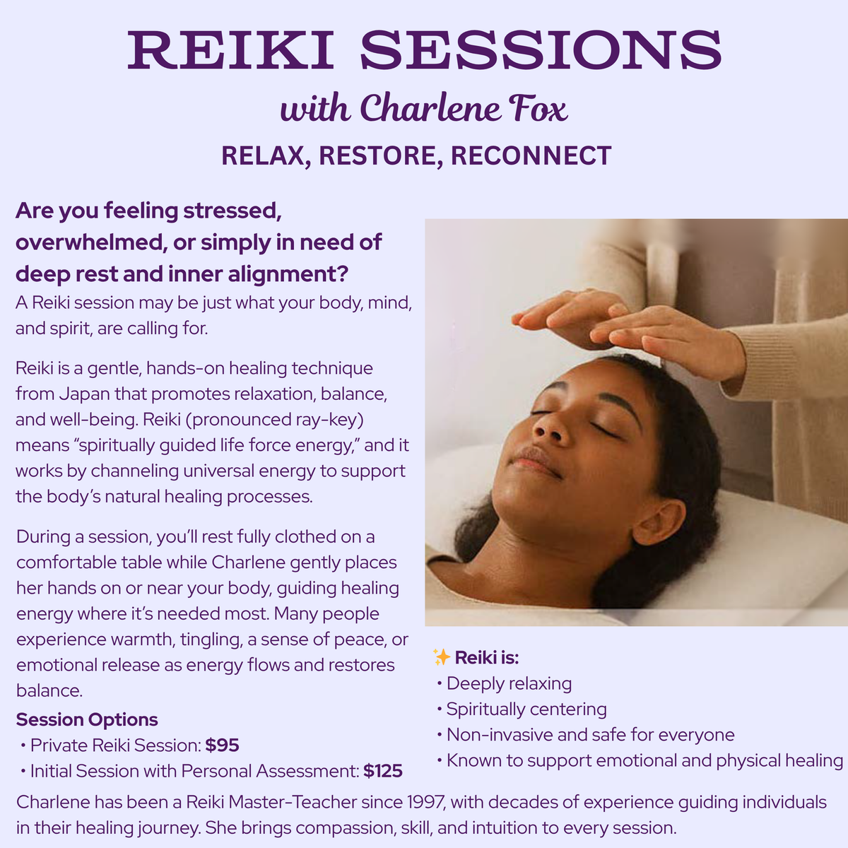 Reiki Sessions with Charlene Fox - Relax, Restore, Reconnect – The Good ...