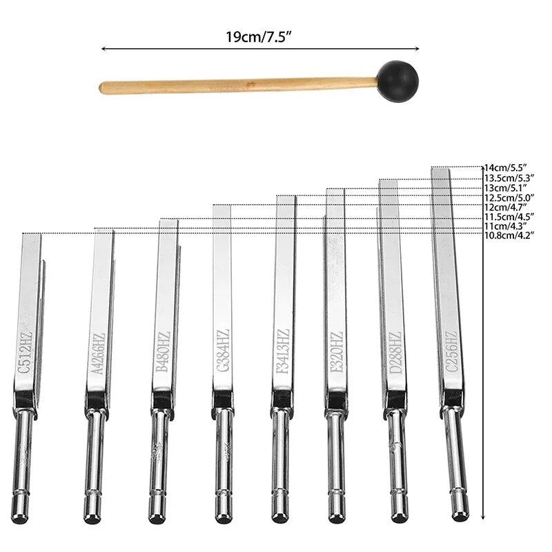 8Pcs HarmonyTune 256-512HZ Steel Tuning Fork Set  + Mallet