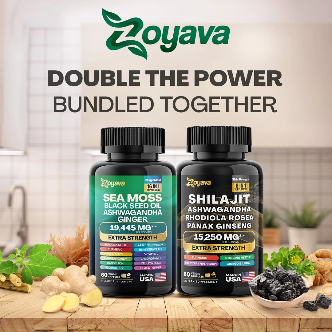 Sea Moss & Shilajit Dynamic Vitality Bundle - 60 Capsules Zoyava Sea Moss Multivitamin & Power Combo - Made in USA 