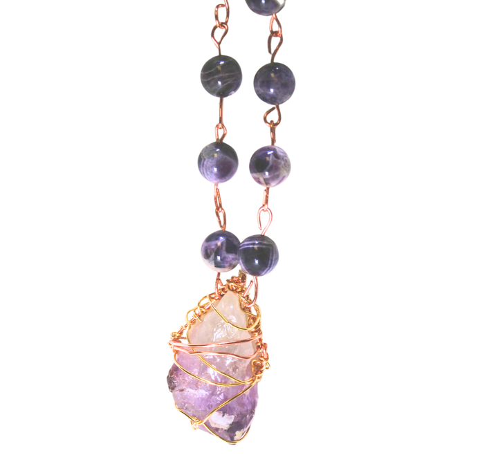 30" (76.2 cm.) Amethyst Crystal Beaded Necklace with Copper Links and Copper Caged Amethyst