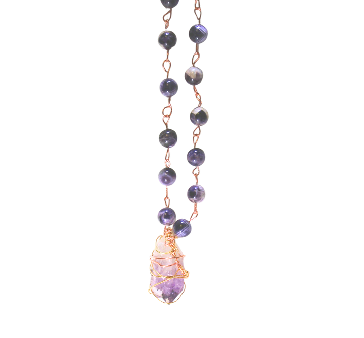 30" (76.2 cm.) Amethyst Crystal Beaded Necklace with Copper Links and Copper Caged Amethyst