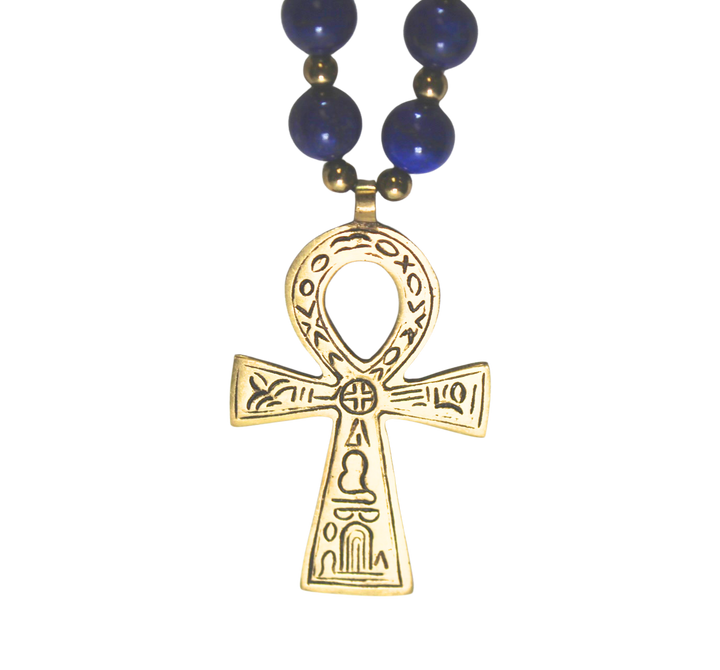 33" (83.82 cm.) Lapis Lazuli Crystal Necklace with Brass Ankh
