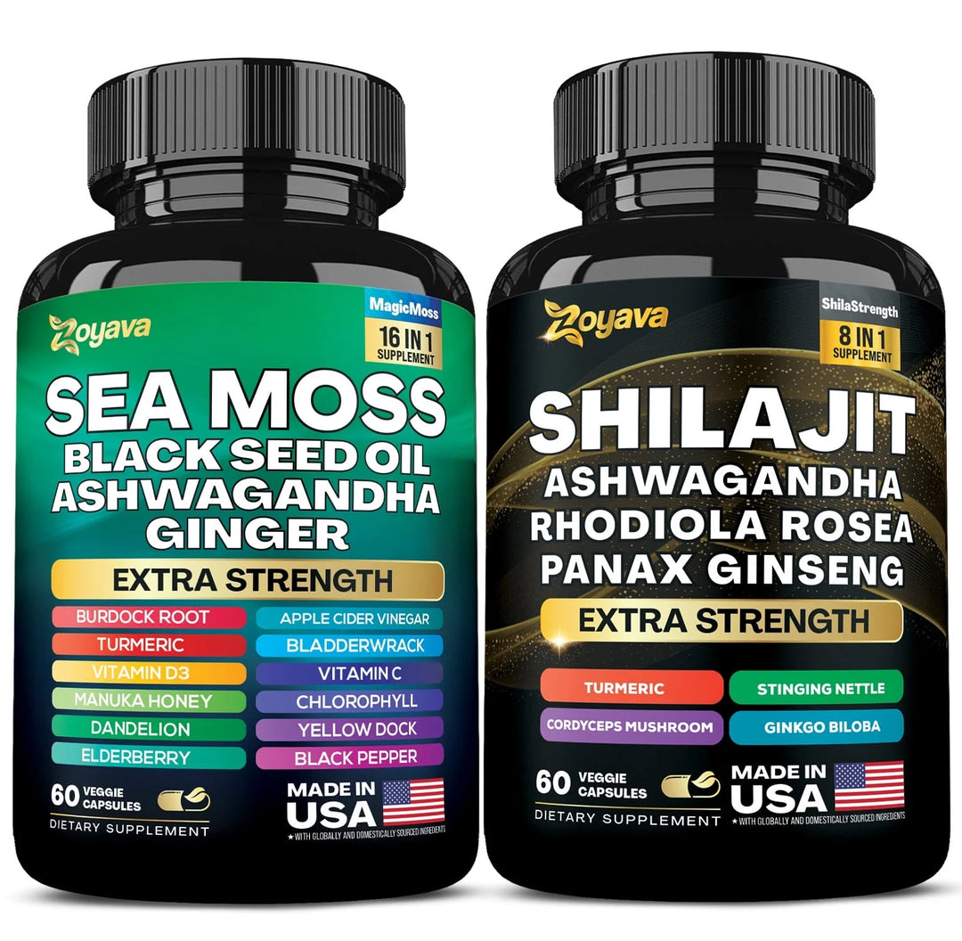 Sea Moss & Shilajit Dynamic Vitality Bundle - 60 Capsules Zoyava Sea Moss Multivitamin & Power Combo - Made in USA 